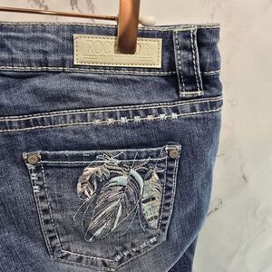 Rock & Roll Denim Jeans Women 28 X 36 Riva Low Rise Bootcut Feather Embroidered